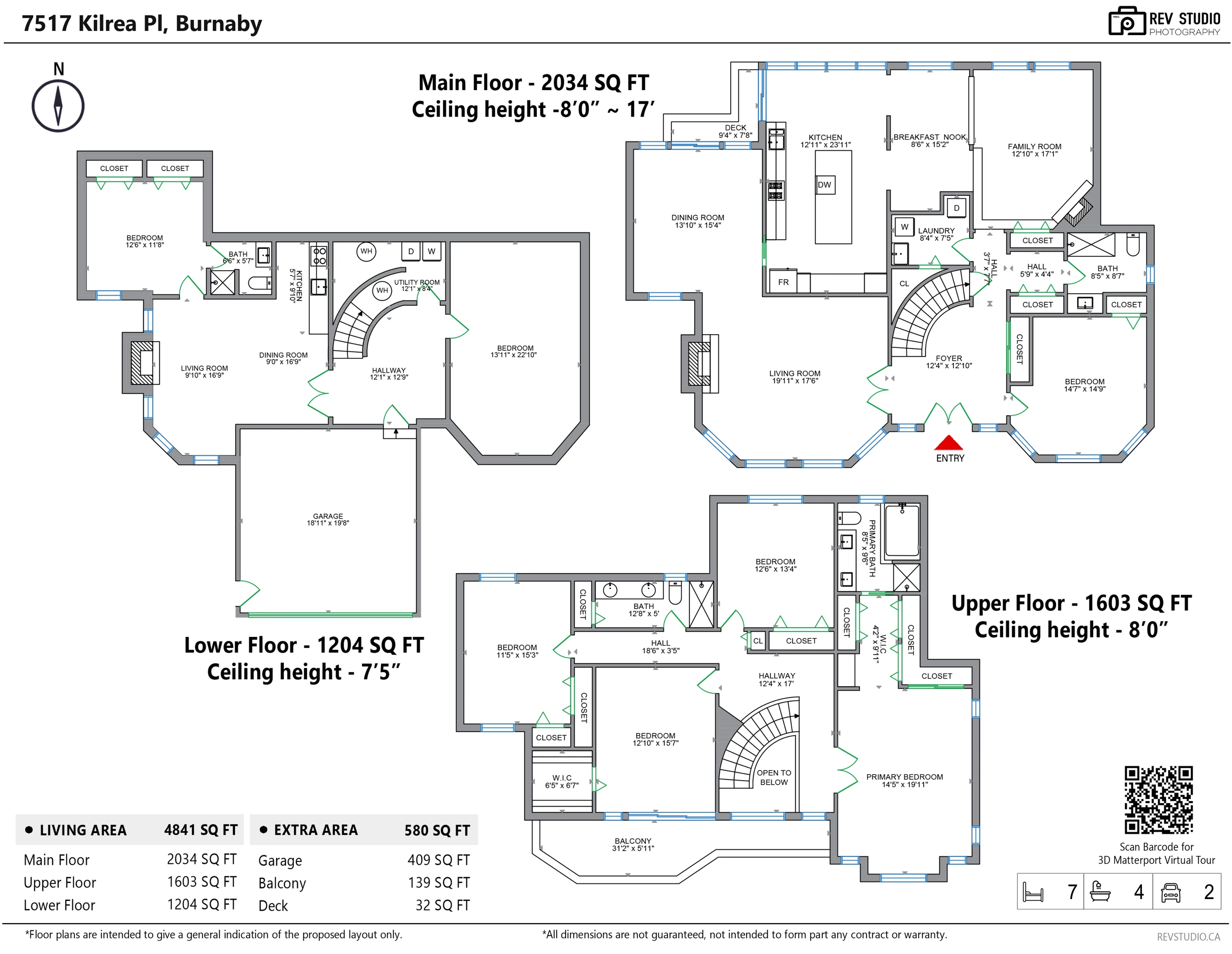 Floor plan of 7517 Kilrea Place over three floors: lower floor with living room, dining room, kitchen, two bedrooms, bathroom, utility room and the garage; main floor with foyer, living room, dining room, kitchen, breakfast nook, family room, bedroom, bathroom, laundry and deck; upper floor with the primary bedroom, its bathroom and walk-in closet, three bedrooms, a bathroom, the hall and the balcony